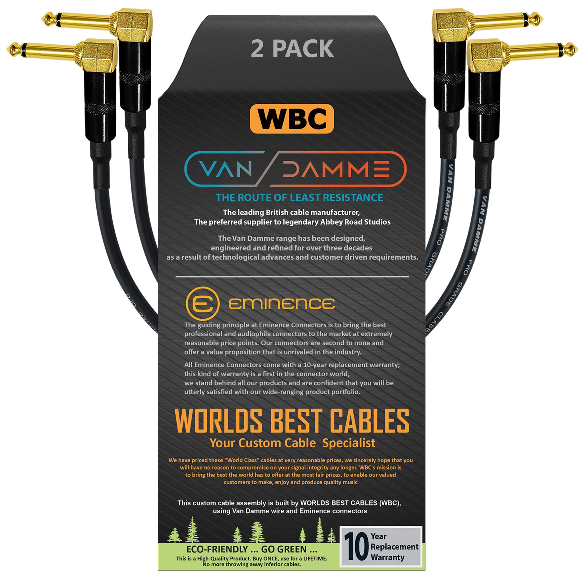 2 Units - 15 CM - Van Damme Pro Grade Classic XKE - Premium, Ultra-Flexible Multi-Shielded Guitar Bass Instrument Effects Pedal Patch Cable w/Eminence R/Angled Gold ¼ inch TS Plugs & Staggered Boots