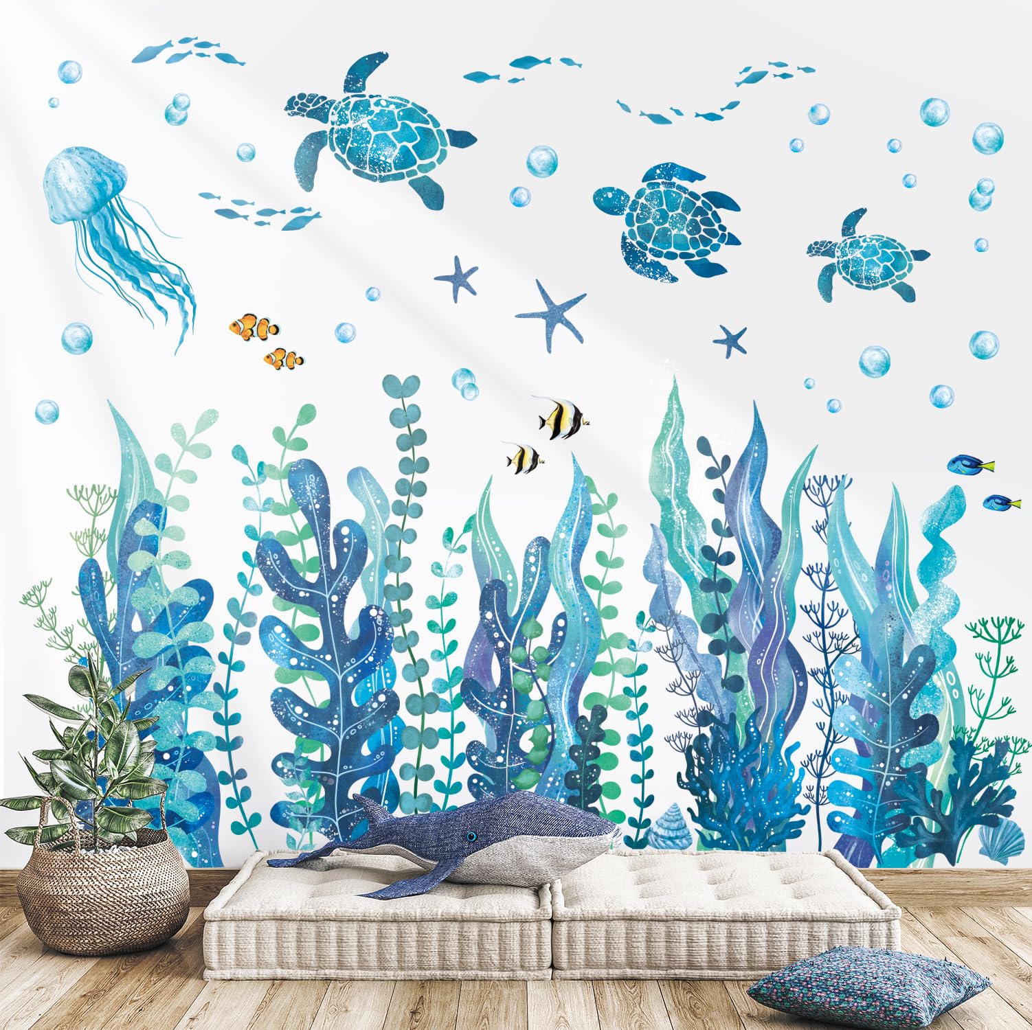 DECOWALL DS12-8084 Under The Sea Seaweed Wall Stickers Fish Turtle Ocean Grass Jellyfish Wall Decals Baby Nursery Kids Bedroom Bathroom Wall Décor