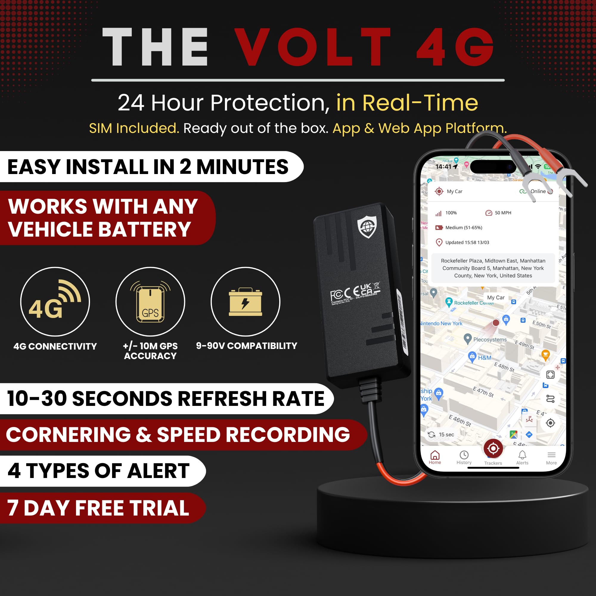 Volt - Real Time GPS Tracker Device - Car, Van, Motorbike, Caravan, Motorhome, Tractor, Coach & Car Tracker - 9-90V, Self-Install Including SIM & Data, 7 Day Free Trial