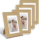 Hongkee 5x7 Picture Frame Set of 4, Made of Real Glass and Natural Oak Wooden Frame, 5 by 7 Photo for Wall or Tabletop - Display Picture 4x6 with Mat or 5x7 Without Mat