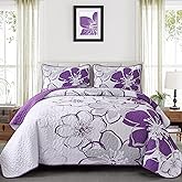 Luxudecor Floral Quilt Set Queen Size 3 Pieces Purple Flower Bedspread with Pillow Shams Lightweight Soft Microfiber Bed Cover for All Seasons 96"x90"