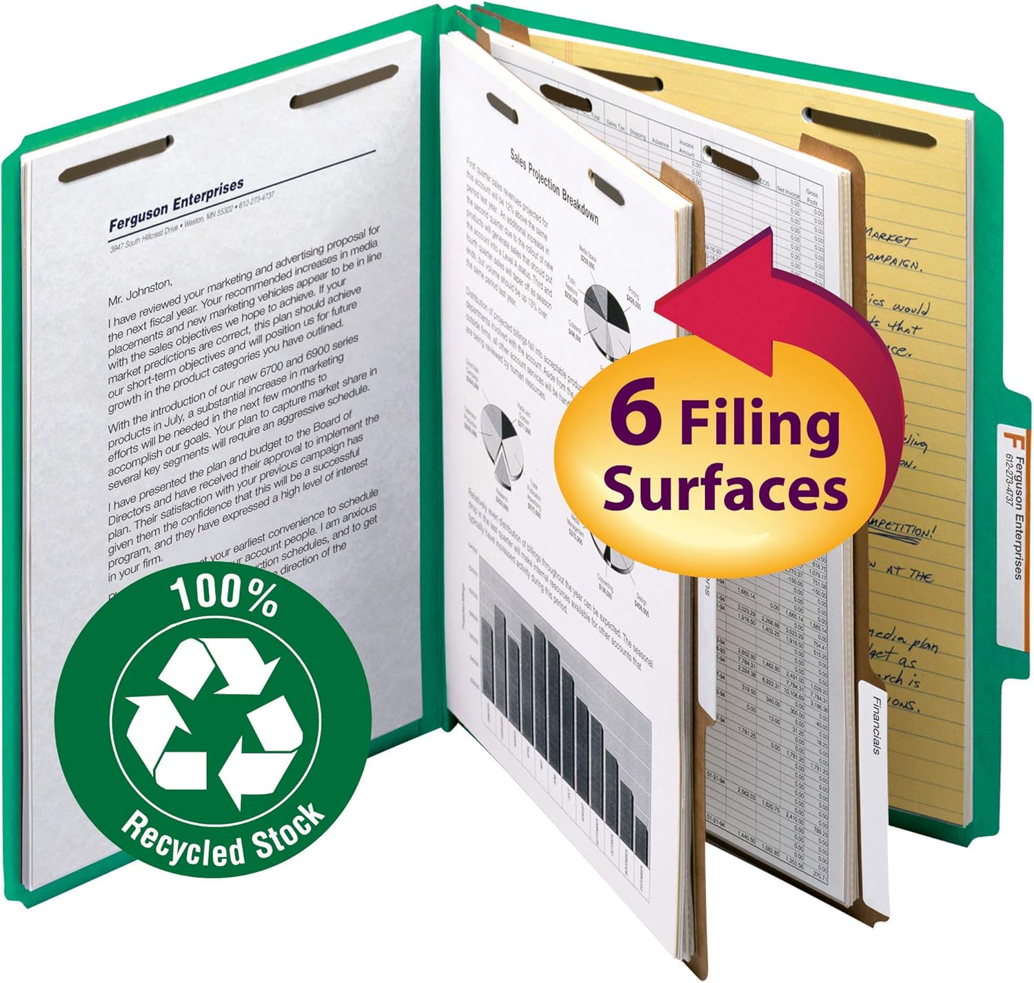 Smead 100% Recycled Pressboard Classification File Folder, 2 Dividers, 2" Expansion, Letter Size, Green, 10 per Box (14063) : Office Products