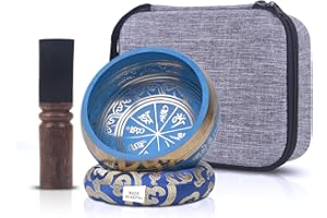 Kmise Tibetan Singing Bowls Set- Handmade in Nepal Meditation Sound Bowls for Yoga, Meditation, Mindfulness, Healing and Chakra Balancing, Stress Relief (5', Blue)