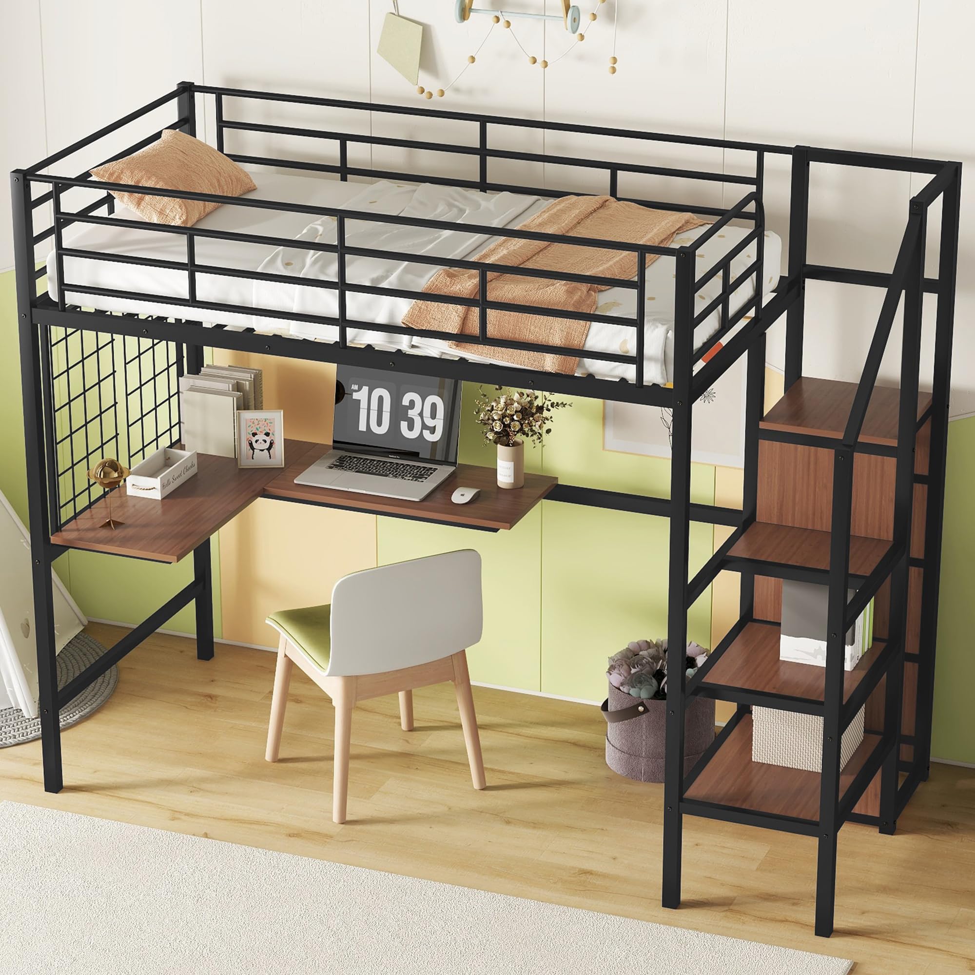 Photo 1 of Twin Loft Bed with Desk and Storage Wardrobe, Heavy Duty Loft Bed with Stairs and Metal Grid, Twin Size Loft Bed for Kids, Girls, Boys, No Box Spring Needed, Black Twin