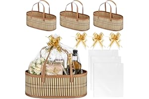 Reallnaive Woven Baskets for Gifts Empty Large Bamboo Gift Baskets with Handle Cellophane Wrap Bag and Pull Flower Ribbon Sturdy Foldable Gift Packages for Birthday Wedding Favor Wrapping