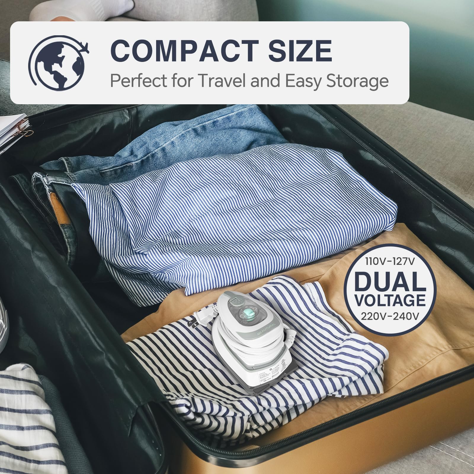 BEAUTURAL Mini Travel Steam Iron for Clothes with Dual Voltage, Temperature Control, Non-Stick Soleplate and Cord Storage, Ideal for Sewing, Quilting and Handcraft