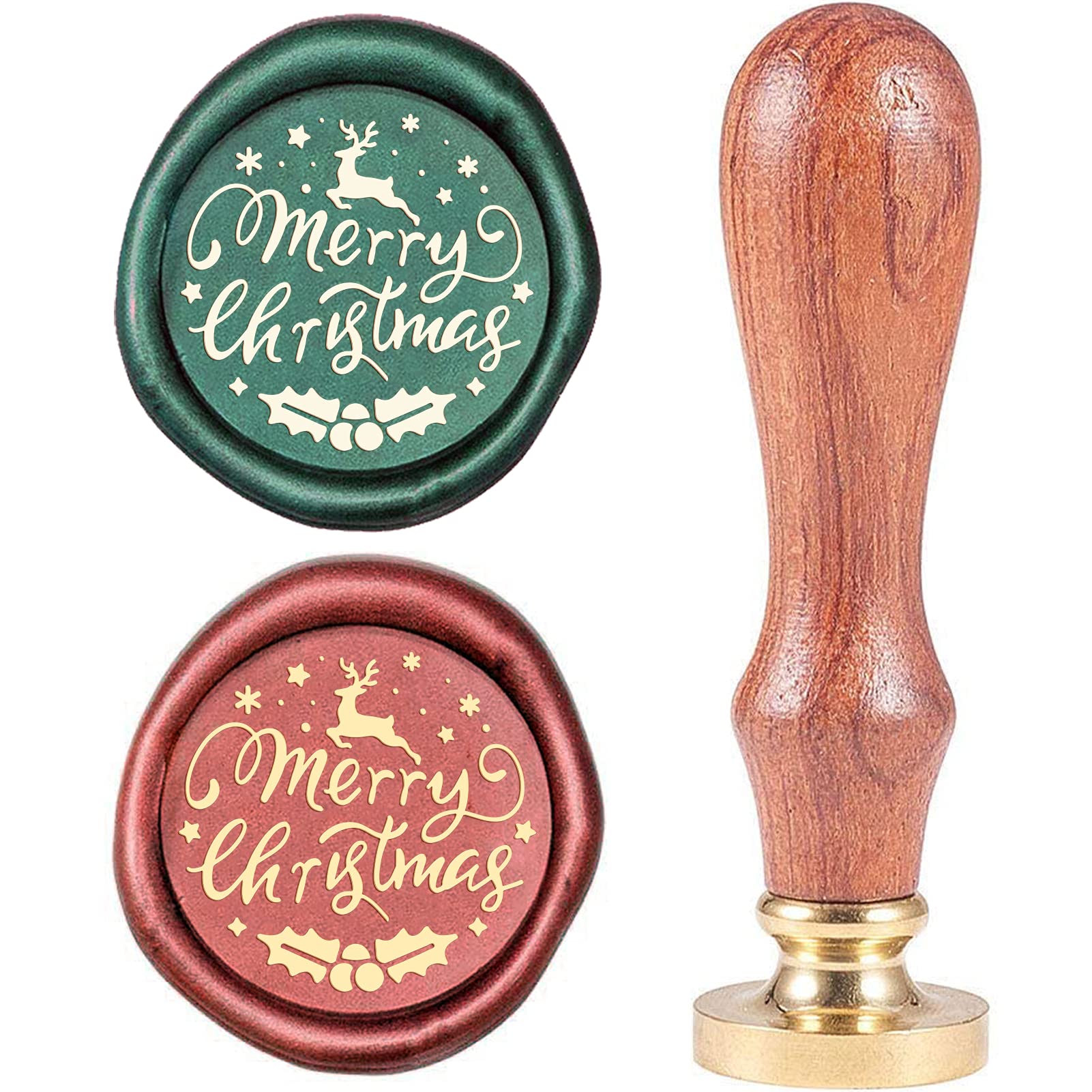 CRASPIRE Merry Christmas Wax Seal Stamp Elk Mistletoe Vintage Sealing Wax Stamp X'MAS EVE Brass Head Wooden Handle Removable 25mm for Envelopes Wedding Invitations Wine Packages Christmas Halloween