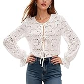 JJDreams Womens Tie Front Eyelet Blouses Long Sleeve Bow Shirts Hollow Out Crochet Lace Tops 2026 Spring Dressy Outfits