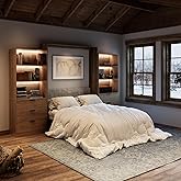 Bobve Farmhouse Murphy Bed Queen,85" Wall Bed Folds to Save Space,Concealed Bed Frame with 2 LED Storage Cabinets and Wall Mounted Features for Apartment/Office/Guest Room,Brown+Walnut