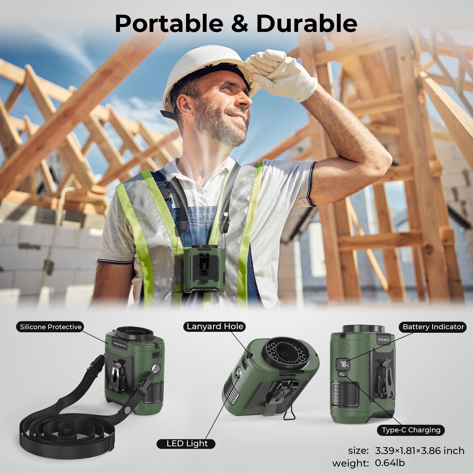 10000mAh Portable Waist Clip Fan, 40H Cooling Personal Wearable Fan, 5 Speeds 16000RPM Strong Belt Fan, Rechargeable Hands-free Neck Fan With Flashlight for Outdoor Jobsite Camping Traveling