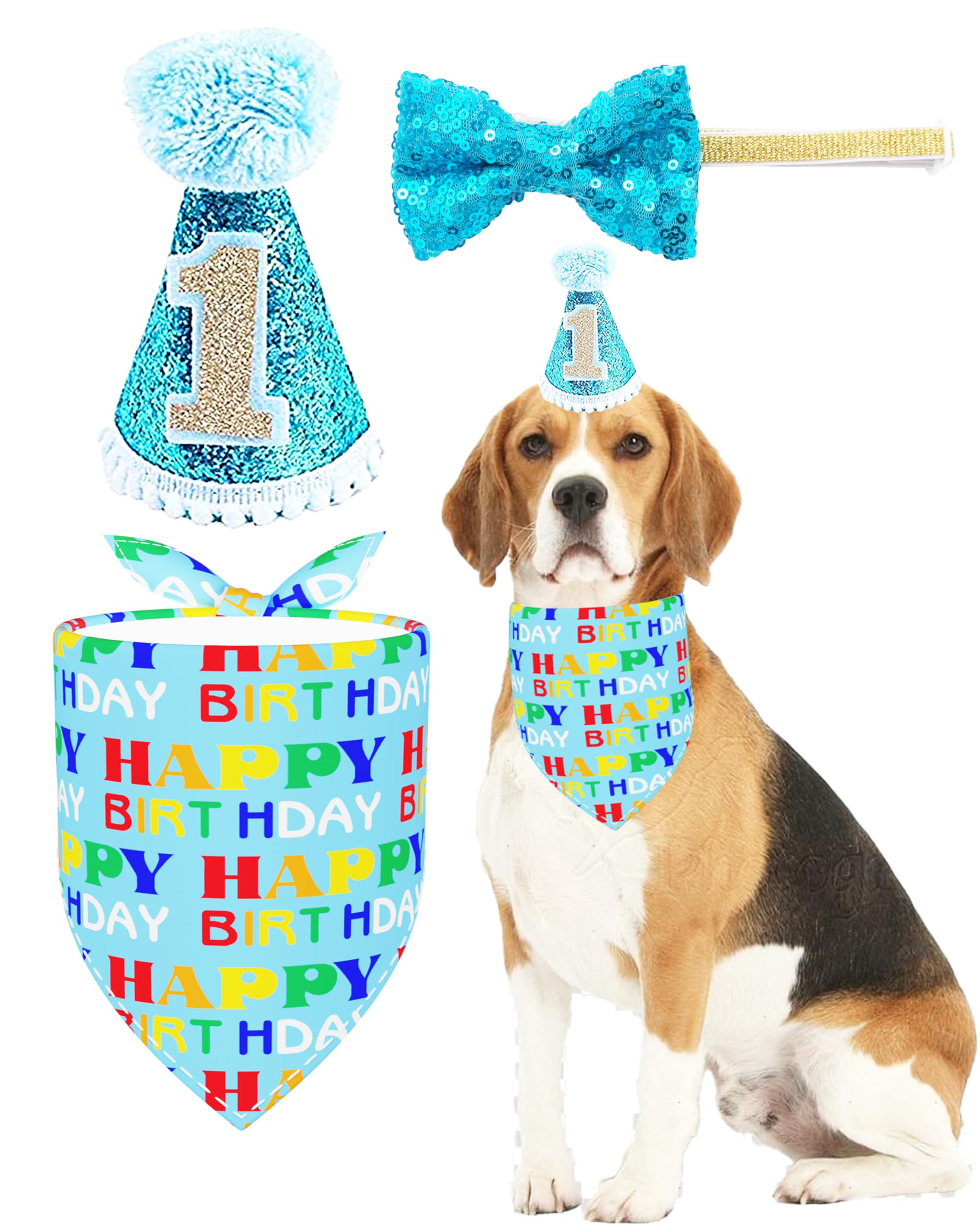 PET SHOW Dogs 1st Birthday Hats and Bandanas Set Cats 1-Year-Old Photo Props Party Costume Grooming Accessories (Blue)