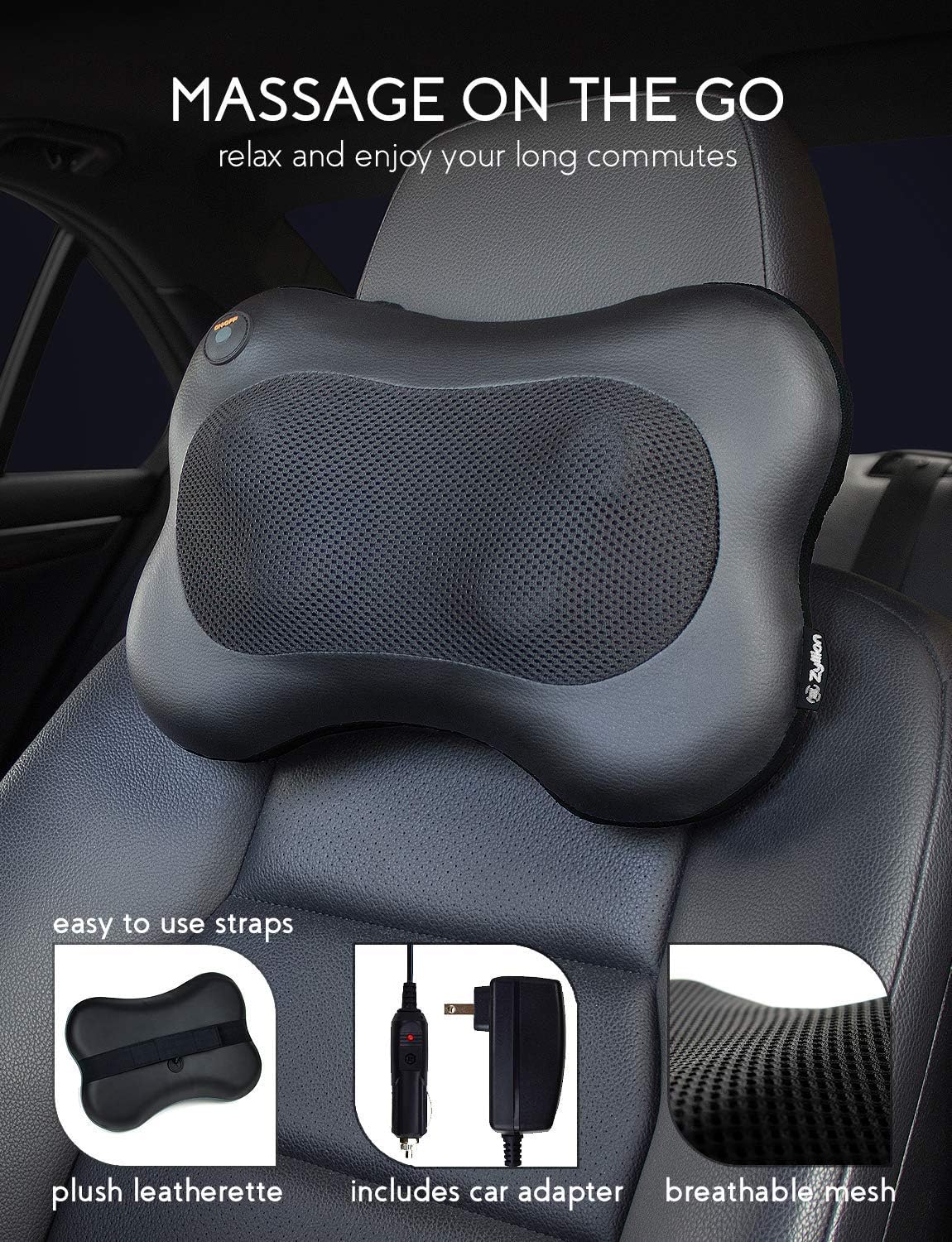 Zyllion Shiatsu Back & Neck Massager – Cordless Rechargeable Kneading Body Massage Pillow with Heat - Black (ZMA-13RB-BK): Health & Personal Care