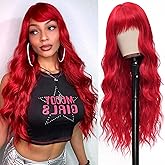 Vomella Red Wig With Bangs 26 Inch Long Curly Wavy Wig for Women Natural Looking Synthetic Heat Resistant Wig for Daily Party Use Halloween Wg