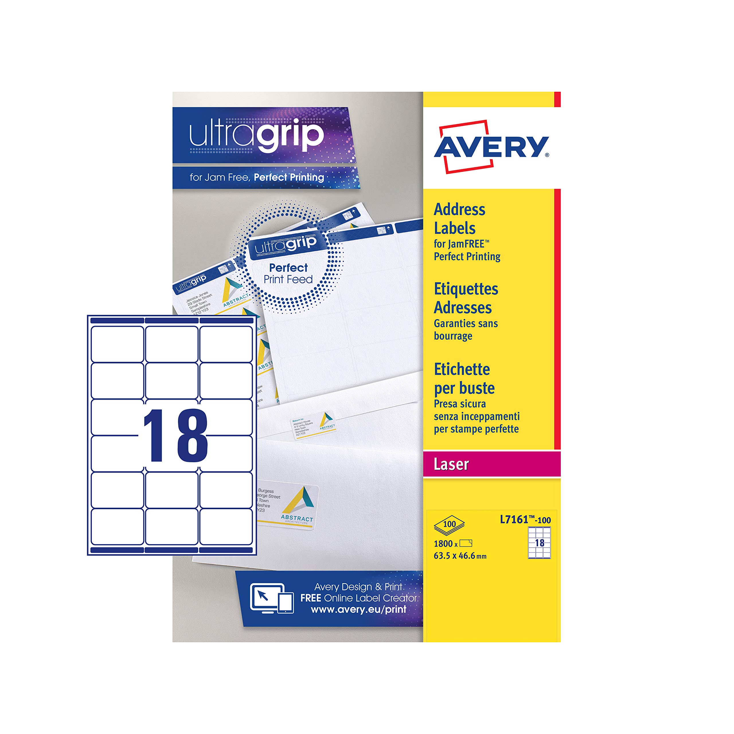 Avery Printable, Customisable Address Mailing Labels, Laser Printers, 18 Labels Per A4 Sheet, 1800 Labels, UltraGrip (L7161), White, 100 Sheets