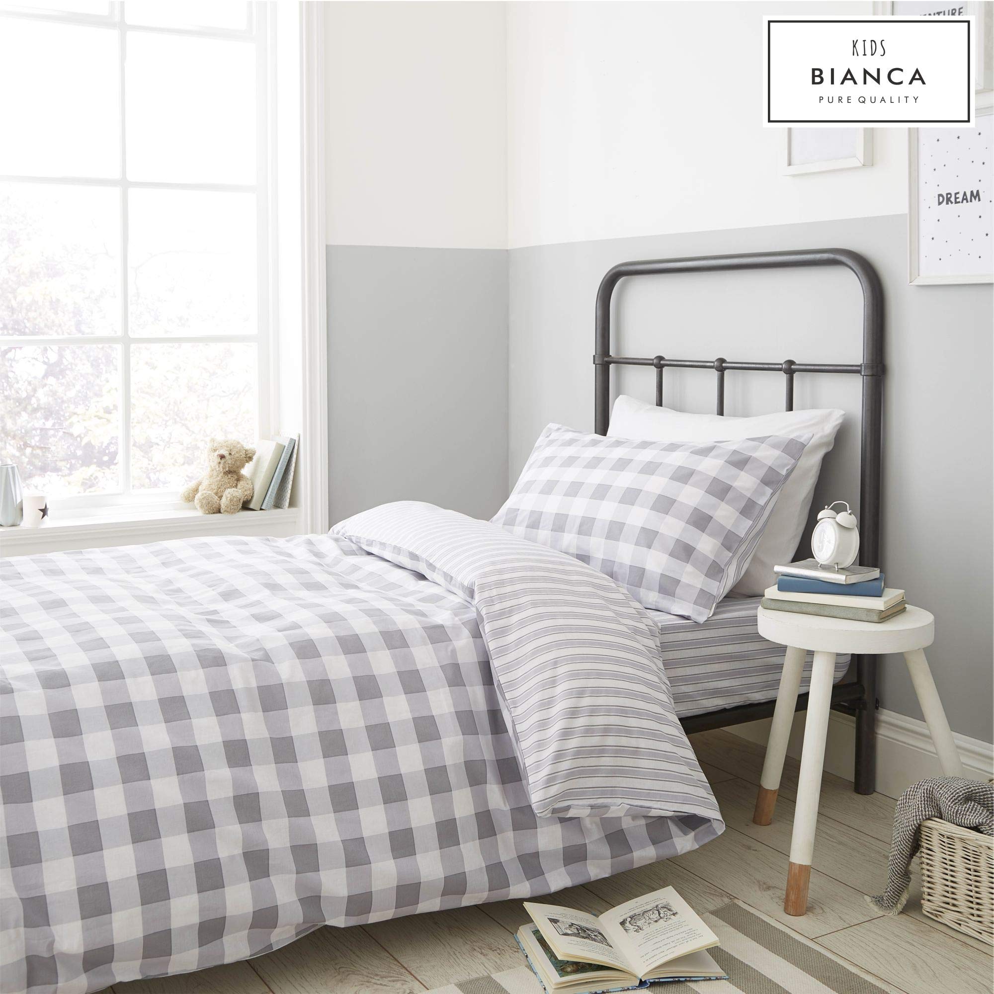 Bianca Check And Stripe Cotton Double Duvet Cover Set with Pillowcases Grey