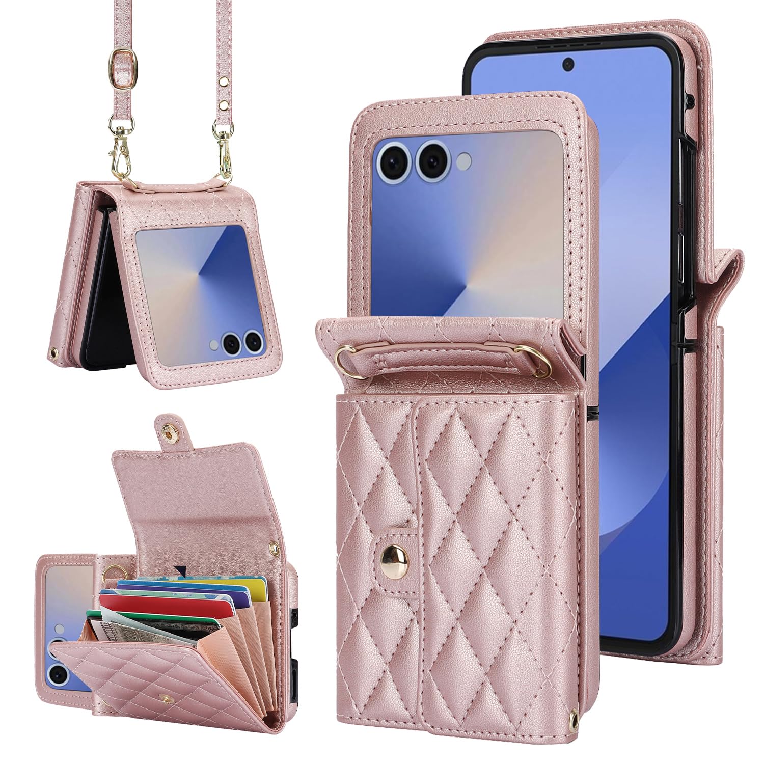 Photo 1 of XIMAND for Samsung Galaxy Z Flip 7 Accordion Crossbody Wallet Case, 4 Card Slots, RFID Blocking, and Adjustable Strap - Stylish and Versatile Accessory.(Rose Gold)