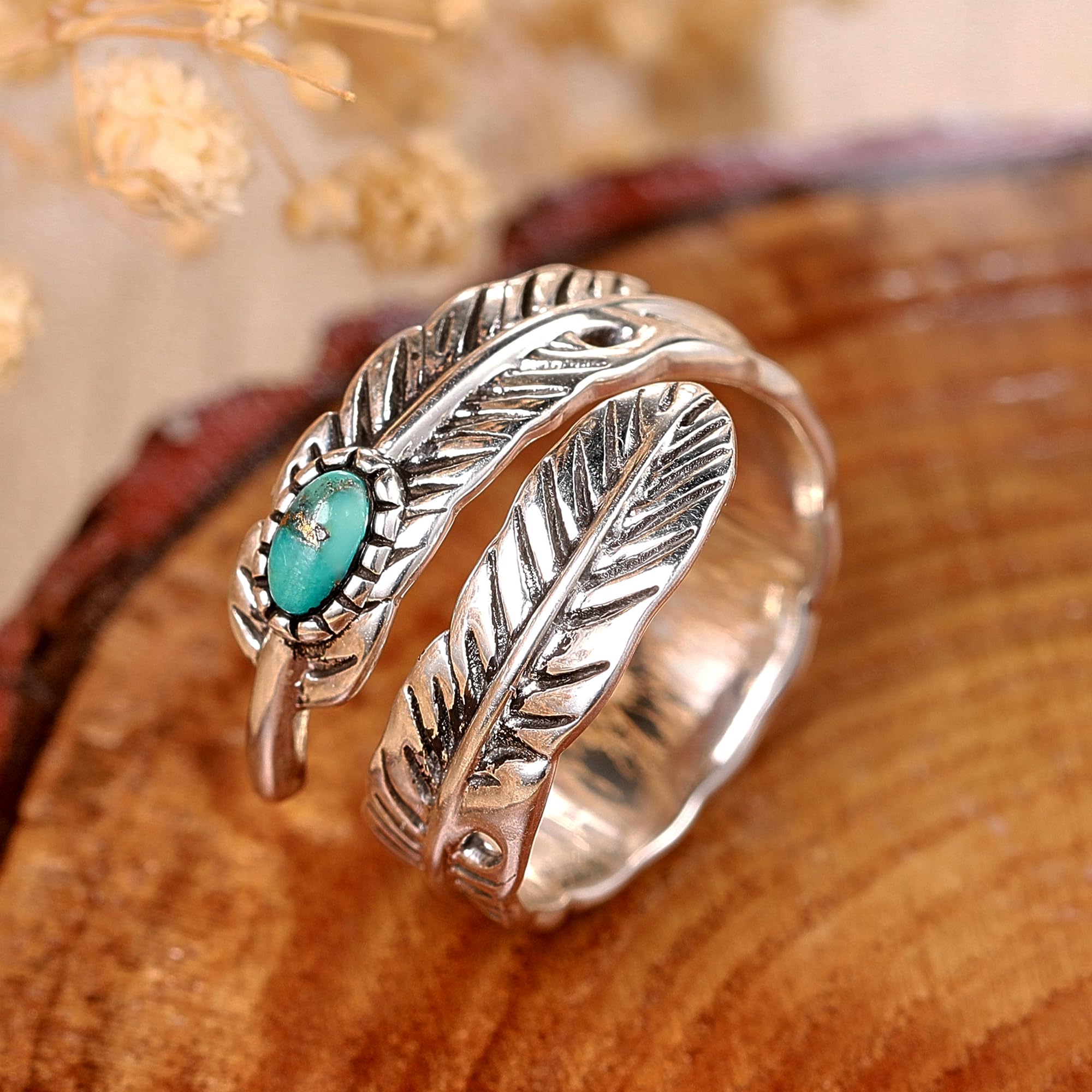 AVECON Sterling Silver Feather Ring with Black Onyx & Turquoise - Adjustable Stacking Vintage Statement Ring for Women & Men