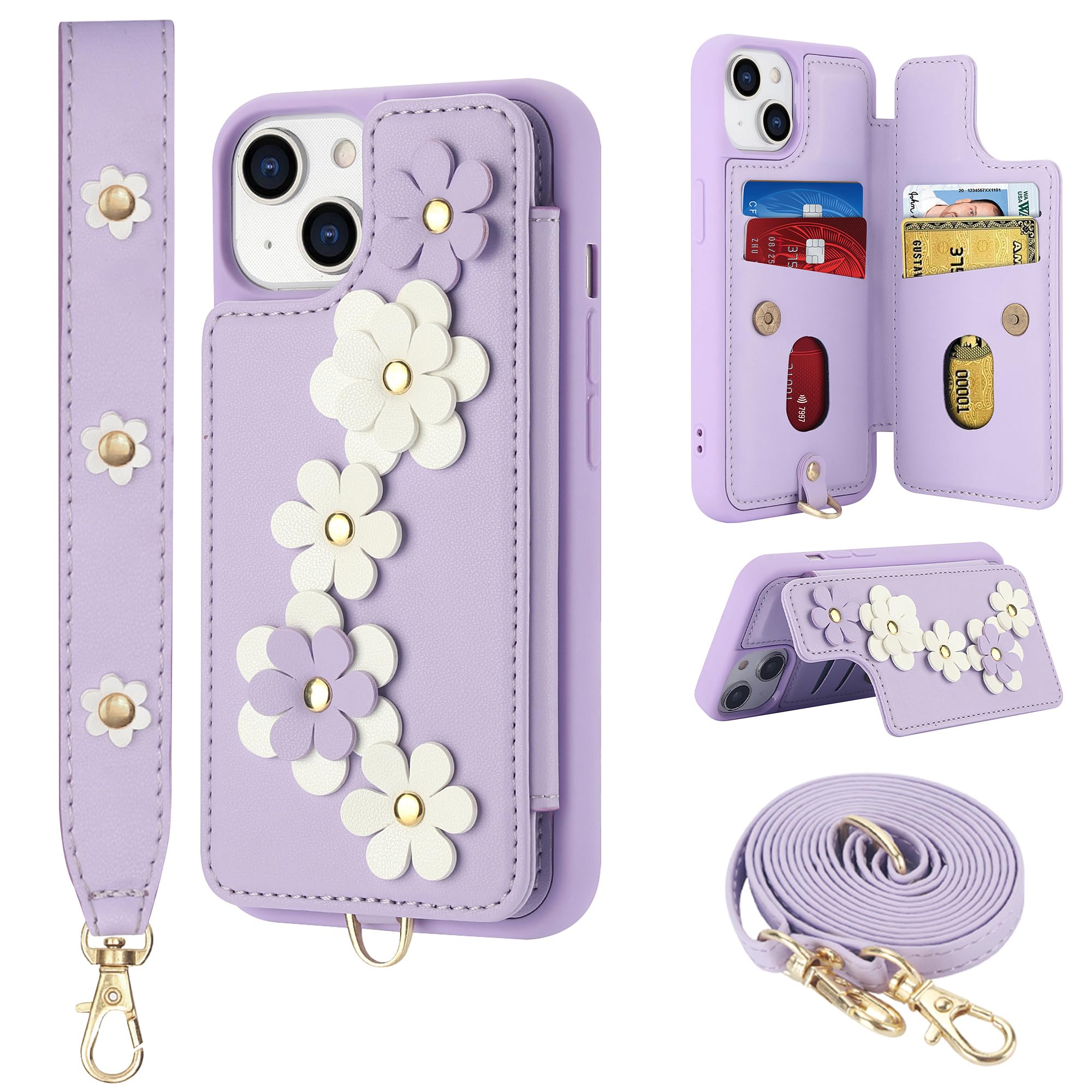 Srddty Compatible with iPhone 13 / iPhone 14 Wallet Case with Card Holder for Women, Kickstand, Crossbody Lanyard, Wrist Strap Flower Leather Flip Cover Designed for iPhone 13/14 6.1", Purple