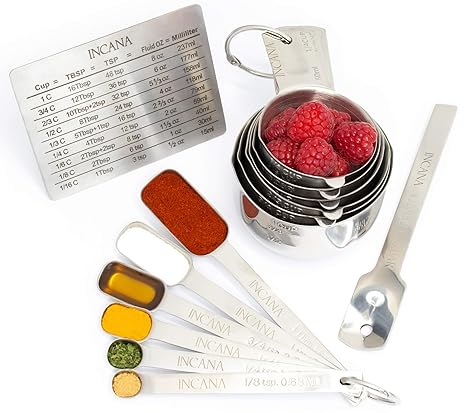 Stainless Steel Measuring Cups And Spoons Set With Pouring Spout On Both Sides Level And Conversion Chart Elegant Gift Set 14 Piece Baking Kit - 