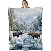 cromcu Moose Blanket for Kids and Adults, Winter Forest Animal Scene, Flannel Throw Blanket, Lightweight Warm Soft Throws for Sofa Couch Bed Office Decor Gifts, Single-Sided Printing, 50x60 Inches