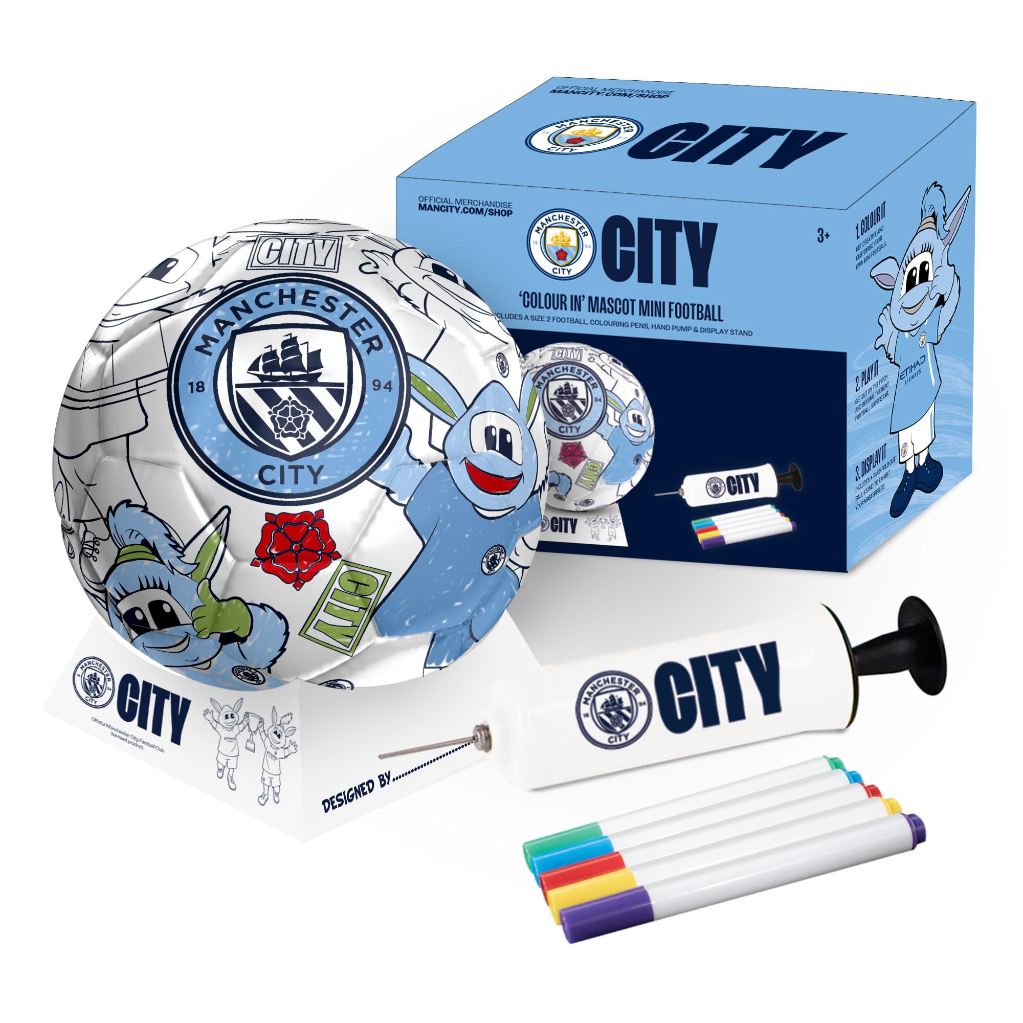 Hy-Pro Officially Licensed Manchester City F.C. Scribble Ball – Size 2 Colour in Football with 5 Colouring Pens, Stand & Pump, Football Toys, Manchester City Gifts for Boys and Girls 3+