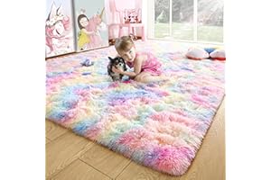 Noahas 3x5 Fluffy Pink Kids Rugs for Room,Rainbow Rug for Girls Bedroom,Soft Playroom Shag Nursery Carpets Room Decor