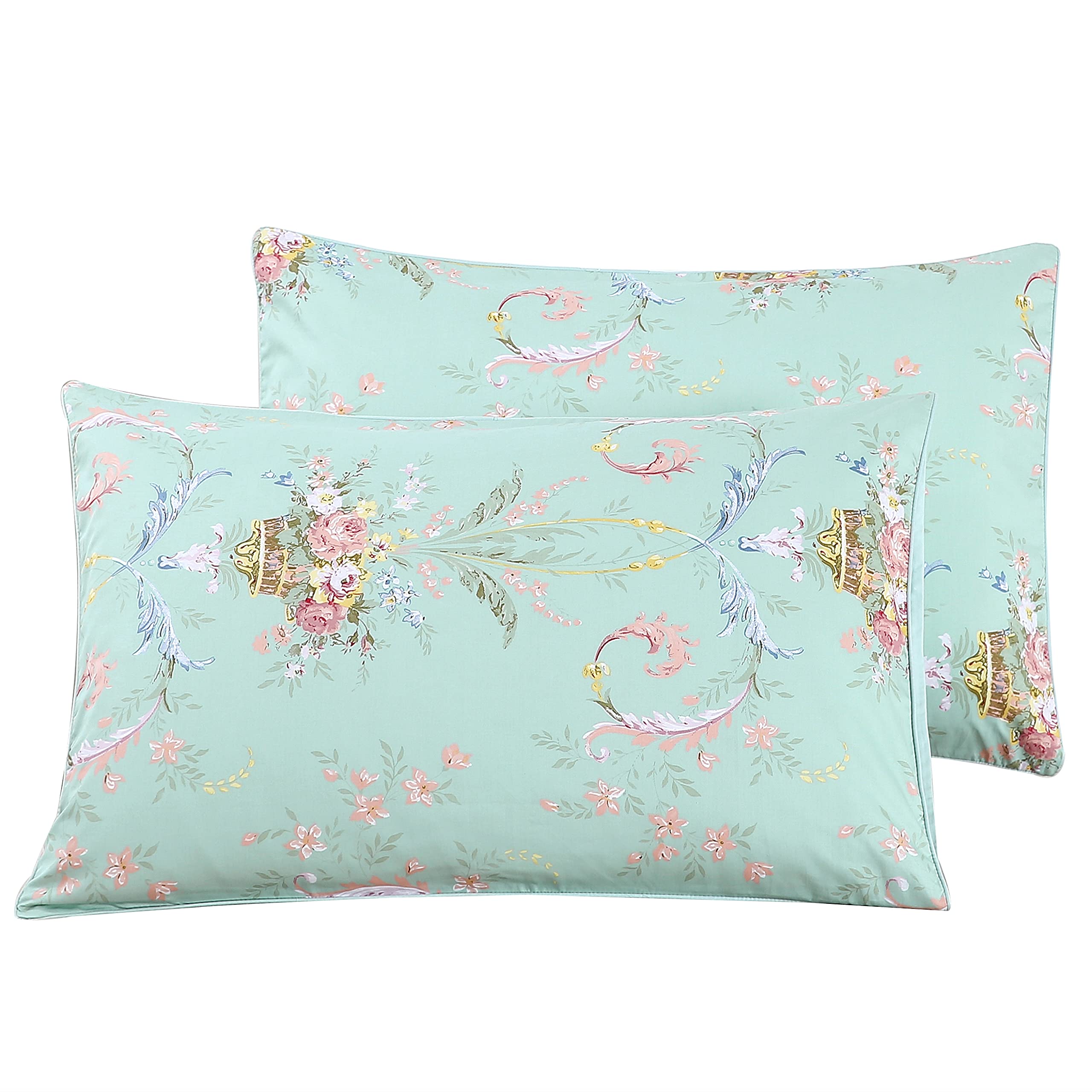 STYHO 100% Egyptian Cotton Floral Printed Pillow Cases 2 Pack Standard Size Pillow Cover for Hair and Skin(Teal,50 x 75cm)