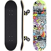 Skateboards for Beginners, 31 x 8 inch Complete Skateboard for Kids Teens Adults, 8 Layer Maple Double Kick Deck Concave Cruiser Trick Skateboard with Multifunction Skate