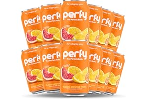 PERFY Caffeine Free Soda w/ Brain Health Benefits, Beverages w/ L-Theanine & Turmeric, Seltzer Water & Fruit Juice, Low Calorie, & Low Sugar Drinks | Low Carb, Gluten Free, Keto Soda | Made With Real Fruit Juice + Nootropics & Adaptogens | (Blood Orange Yuzu, 12 Pack)