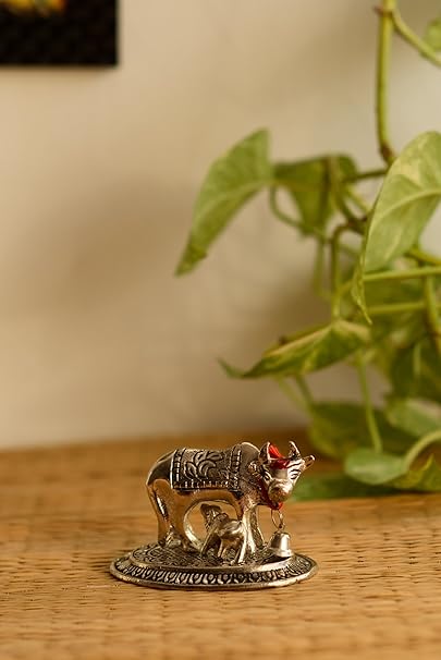 eCraftIndia Metal Handcrafted Cow and Calf Figurine (8 cm x 4 cm x 7 cm, Silver)