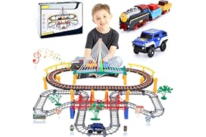 JONRRYIN Toy Train Track Playset, Tracks Car Set, Industrial City Transportation Theme, Electric Train and Car for Kids Toddlers 3 4 5 6 Year & Up