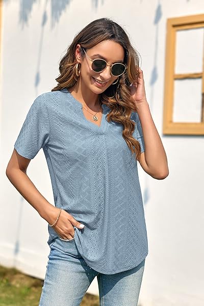 FMEYOA WOMEN’S SHORT SLEEVE TOPS SMUUER EYELET DRESSY CASUAL V NECK BLOUSES T SHIRTS(01-CORAL BLUE,SMALL)