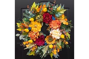 Pinkpuii 24 Inch Fall Wreaths for Front Door– Autumn Harvest Wreath with Sunflower Pumpkin Peony Dahlia Pear Blueberries Eucalyptus and Maple Leaves– Indoor Outdoor Thanksgiving Halloween Decorations