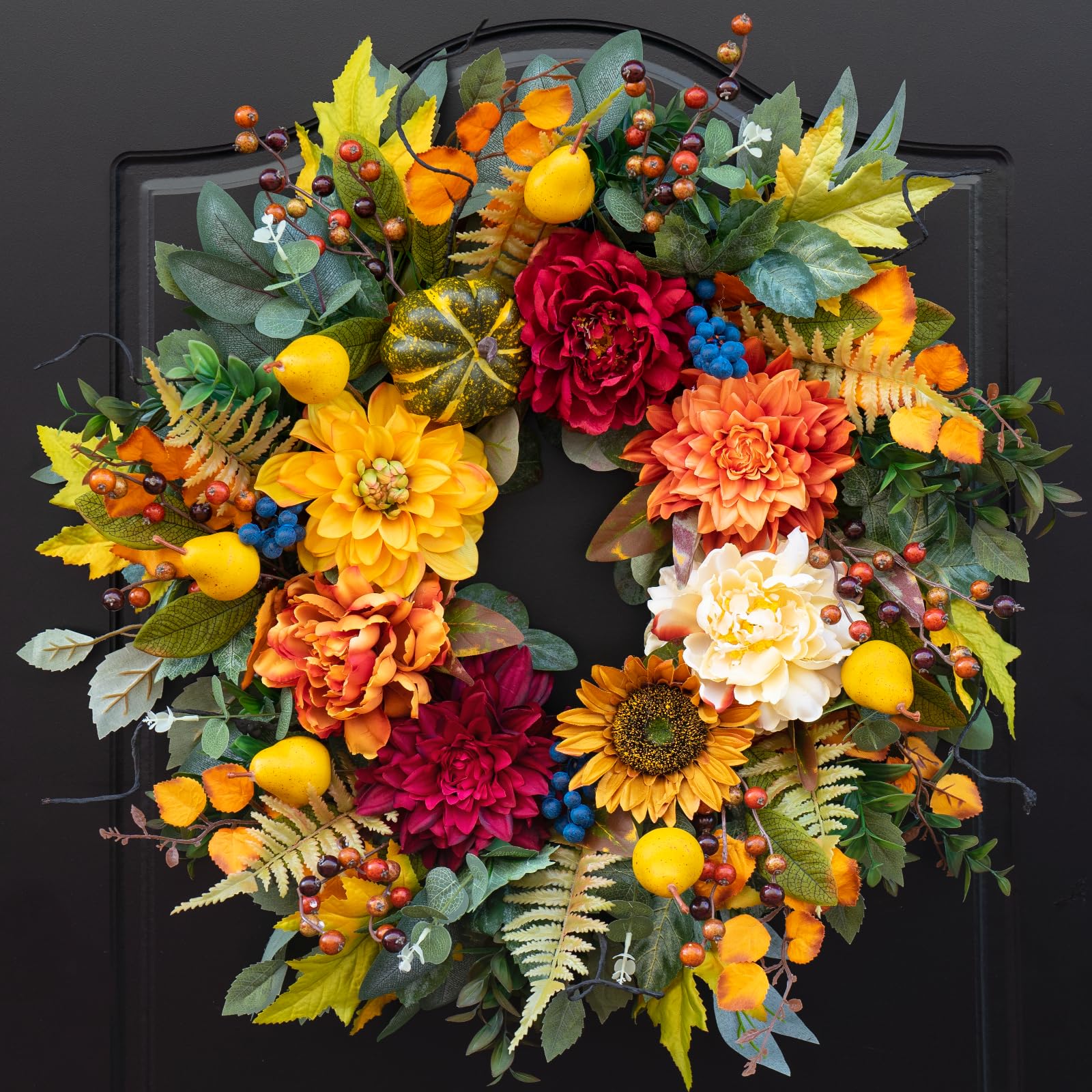 Photo 1 of Pinkpuii 24 Inch Fall Wreaths for Front Door– Autumn Harvest Wreath with Sunflower Pumpkin Peony Dahlia Pear Blueberries Eucalyptus and Maple Leaves– Indoor Outdoor Thanksgiving Halloween Decorations