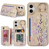 Havaya for iPhone 16 Case Wallet with Card Holder Keychain Ring Stand PU Leather Phone case Floral Flower with Credit Card Slots Women Men-Beige Flower 2