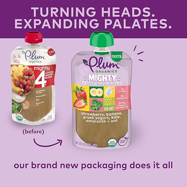 PLUM ORGANICS MIGHTY 4 ORGANIC TODDLER FOOD – STRAWBERRY, BANANA, GREEK YOGURT, KALE, AMARANTH, AND OAT – 4 OZ POUCH – ORGANIC FRUIT AND VEGETABLE TODDLER FOOD POUCH
