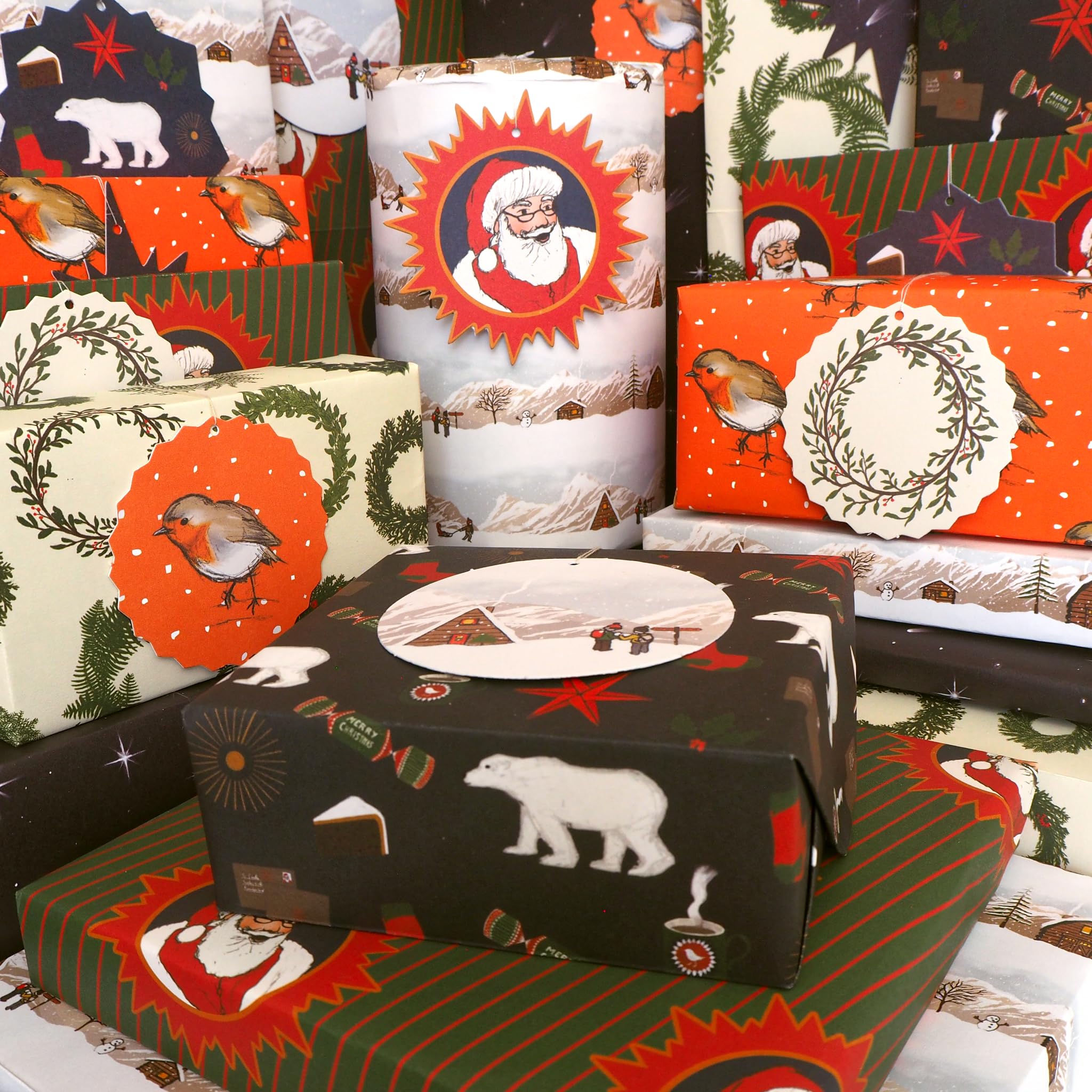 Bright Stem Recyclable Christmas Wrapping Paper Folded (6) Illustrated Mixed Sheets and Tags Recycled Made in the UK