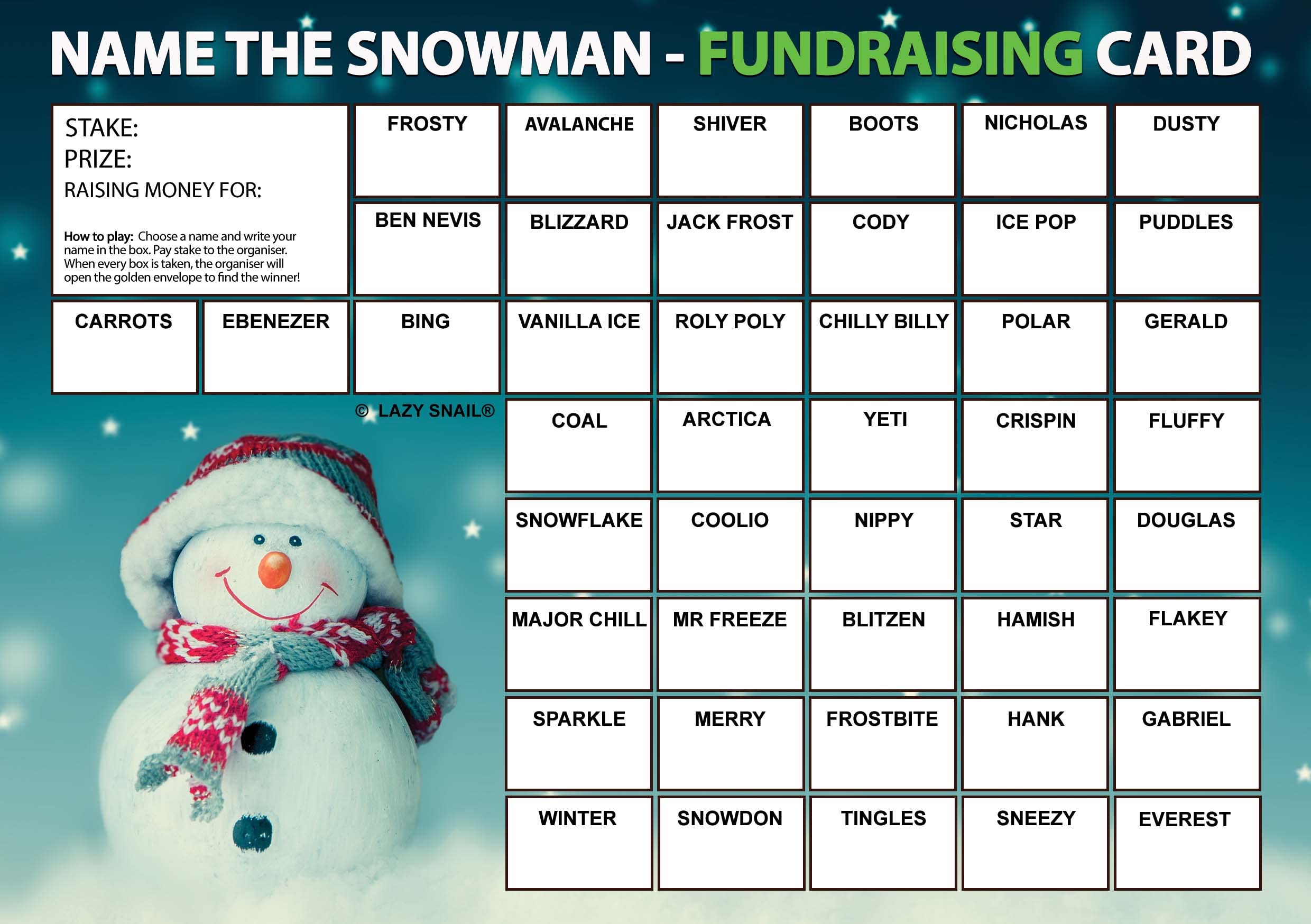 Lazy Snail 'Name the Snowman' Fundraising Cards - Pack of 8 Cards - 45 Squares and Fun Golden Winner Envelopes to Raise Money for Charity - Full Colour Fund Raising Cards (A4), Multicolor