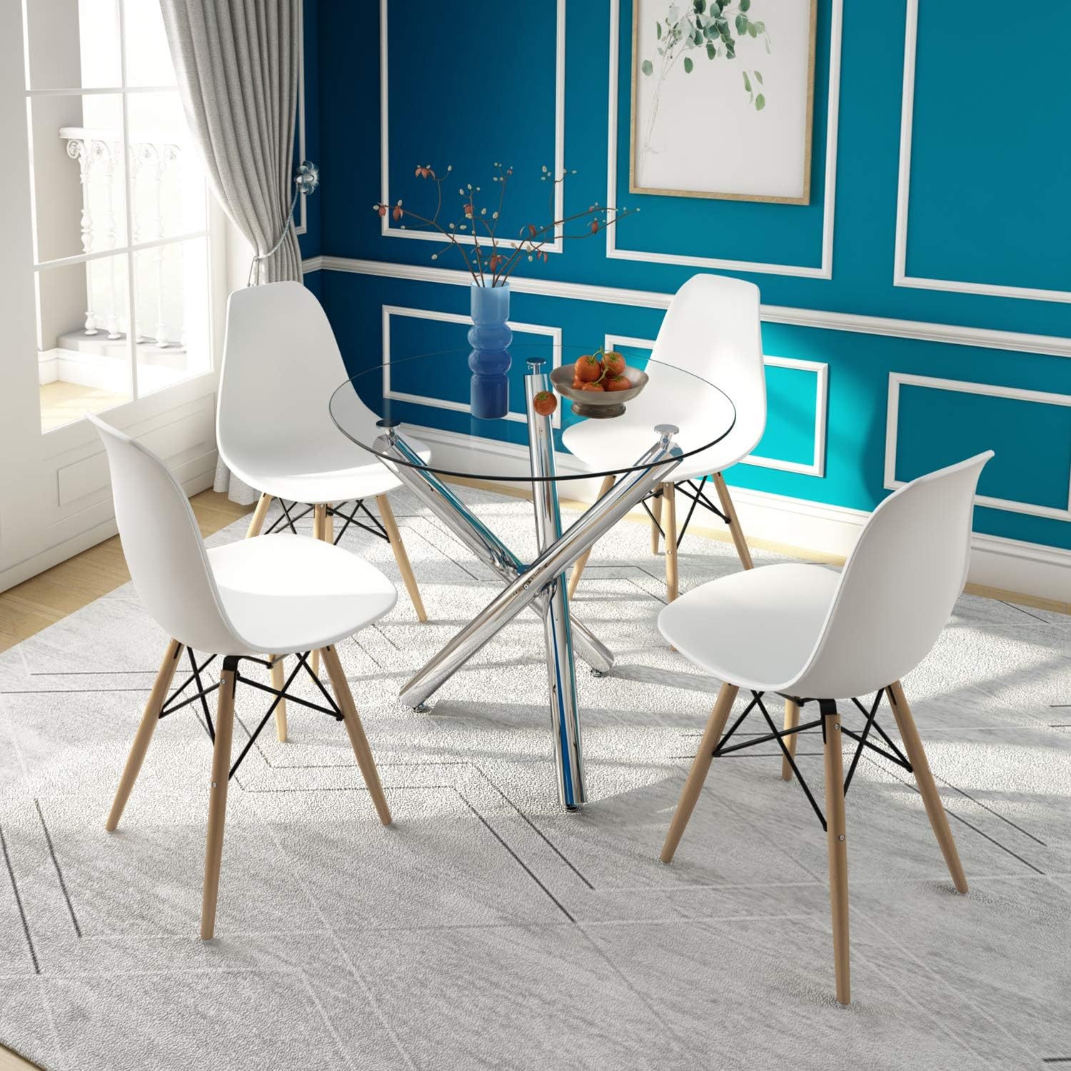 Dining Table and 4 Chairs, Glass Round Coffee Table with Chrome Legs and 4 White Eiffel Style Chairs, Dining Room Furniture Set for Home, Office, Kitchen, Balcony, Garden (Glass Table +4 Chairs)