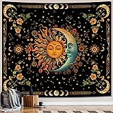 ARTCREATOR Sun and Moon Tapestry Astrology Space Wall Hanging Boho Hippie Floral Plant Tapestries Aesthetic Vintage Mandala Flower Decor for Living Room Bedroom (59
