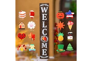 Jetec Welcome Sign for Front Door Interchangeable Wooden Welcome Porch Sign Hanging Outdoor Decoration Replaceable Wood Welcome Sign with 16 Seasonal Icon for Fall Halloween Christmas(Brown Backing)