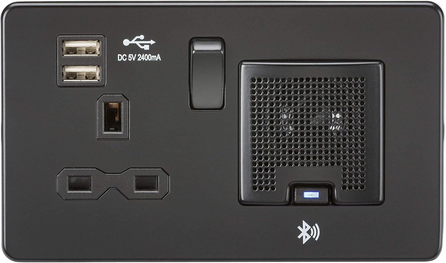 Knightsbridge SFR9905MBB Screwless Decorative, Matt Black, Black / Black, Socket - Single + Bluetooth