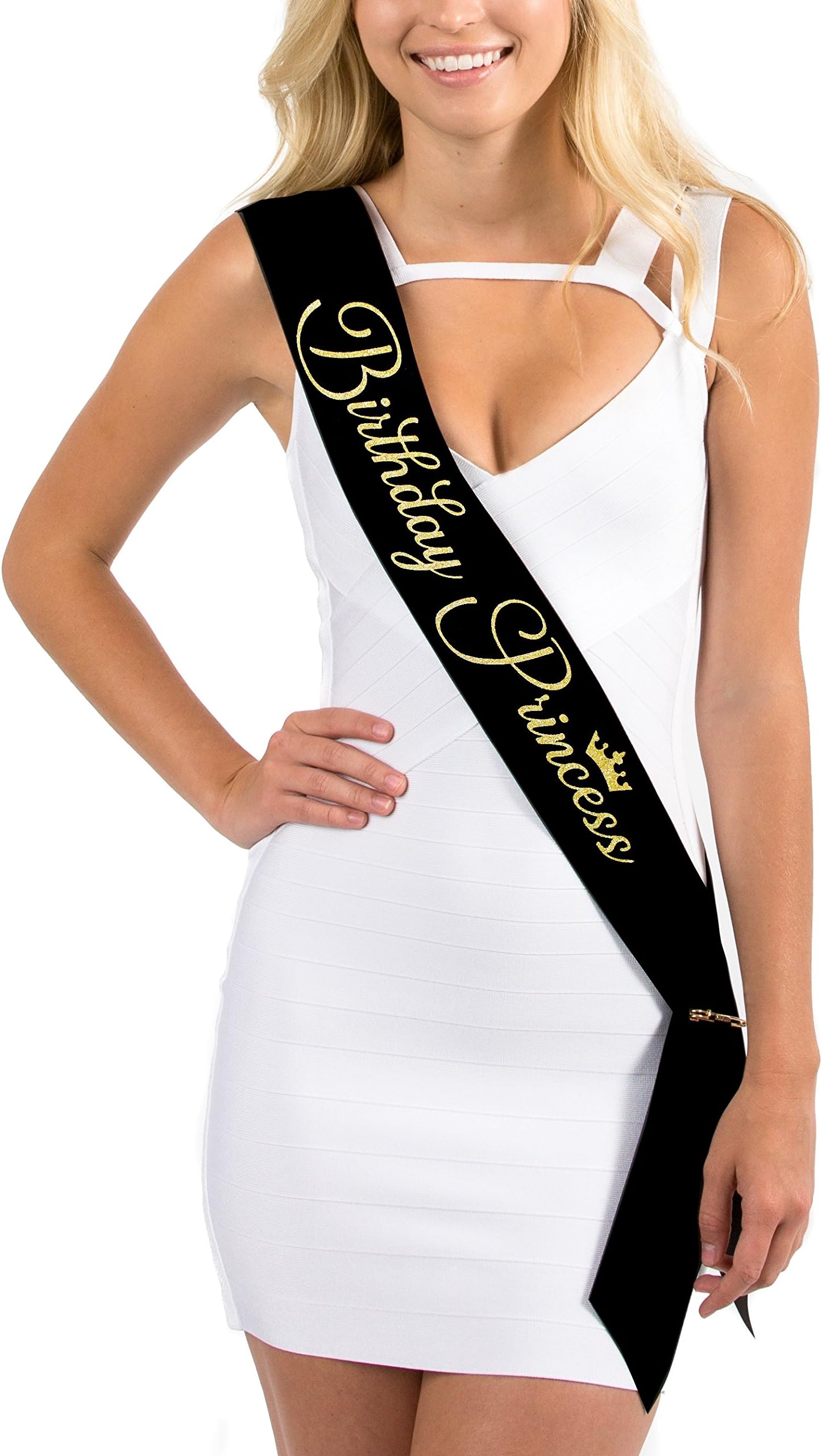 Black Satin "Birthday Princess" w/ Crown Sash in Gold Glitter Lettering - 18th, 21st, 30th Birthday Sashes by Dulcet Downtown