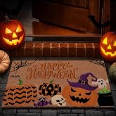 Lanpn Halloween Welcome Natural Coir Door Mat, Striped Spotted Pumpkin Coco Front Door Outdoor Doormat Outside Entrance Porch Non Slip Rubber Rug for Halloween Farmhouse Decor (30x17 in)
