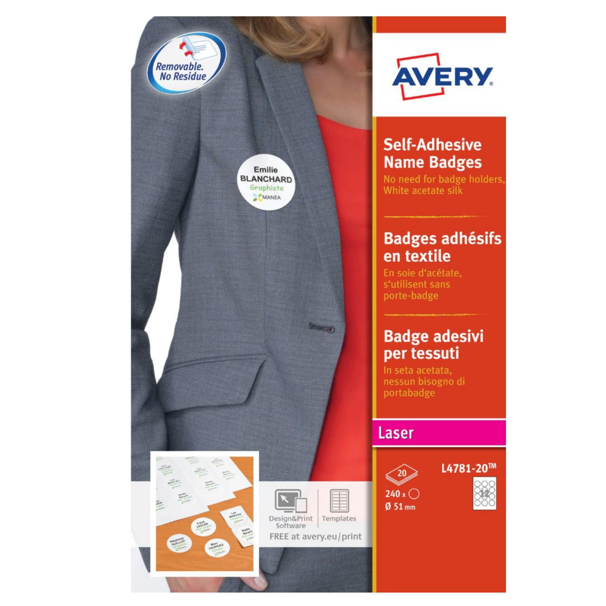 Avery L4781-20 Round, Circular Printable Name Badges – Customisable Fabric Labels, 12 per Sheet, 240 Badges, White