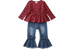 SAEABY Toddler Baby Girl Clothes Winter Fall Outfits Long Sleeve Ruffle Shirt and Flare Denim Jeans Girls Clothing Set