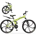 MarKnig 26 Inch Adult Folding Bikes/Mountain Bikes, 21 Speeds Mountain Bicycles with Full Suspension, Dual Disc Brake, High Carbon Steel Frame, Foldable Bike for Men/Women/Teen, Multiple Colors