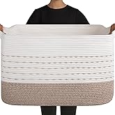 OIAHOMY 108L Extra Large Blanket Basket, 25”x16”x16” Rectangle Woven Cotton Rope Baskets for for Living Room, Toy Storage with Handle- Gradient Light Brown