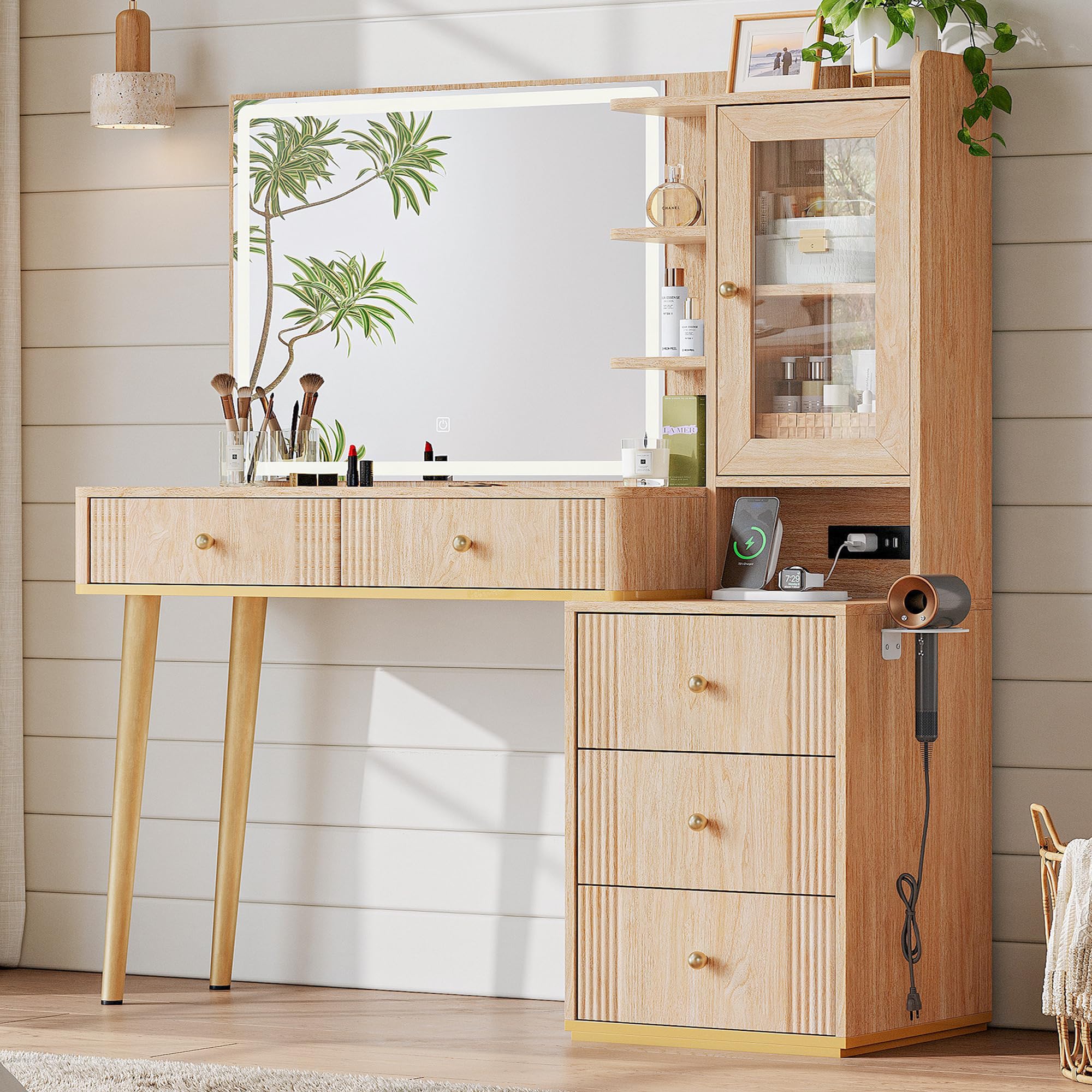 Photo 1 of ***MISSING PARTS*** NO MIRROR ***LINSY Wood Vanity with Glass Top, Make Up Vanity Desk  and Lights, Boho Fluted Vanity with Storage, Drawers, Cabinet and Outlet, 48" Large Vanity Table for Bedroom, Women, Girls, Oak