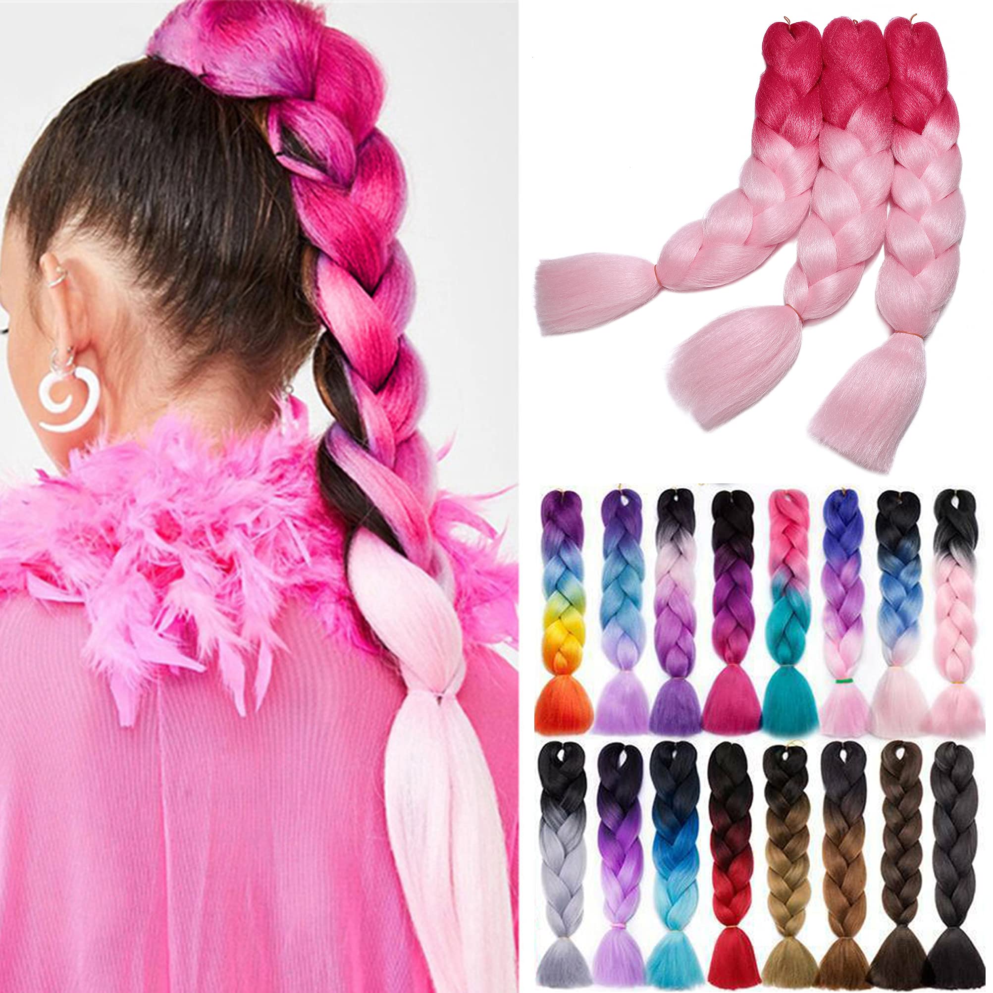 Jumbo Braiding Hair 24 inch Ombre Braid Hair Extensions Jumbo Box Braids Crochet Hair Long Rainbow Colorful for Women Kids DIY High Temperature Synthetic Fiber 1 Bundle Magenta to Light Pink